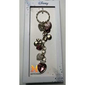 Disney Mickey Mouse Heart Charm Keychain Gold Tone Pink Crystal Rhinestone New